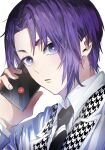  1boy 58hrprtr blue_lock bright_pupils collared_shirt commentary fingernails highres holding holding_phone lapels long_sleeves looking_at_viewer male_focus mikage_reo necktie notched_lapels parted_lips phone purple_eyes purple_hair school_uniform shirt short_hair simple_background solo talking_on_phone upper_body white_background white_pupils 