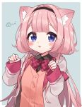  1girl :3 animal_ear_fluff animal_ears black_hairband black_shirt blue_background blue_eyes blunt_bangs blush border bow bowtie brown_cardigan cardigan cat_ears collared_shirt commentary_request hairband hands_up highres jacket kemonomimi_mode kurihara_sakura long_hair long_sleeves looking_at_viewer nijisanji open_clothes open_jacket open_mouth paw_pose pink_hair plaid plaid_bow plaid_bowtie school_uniform selene_girls_school_uniform shirt smile solo suo_sango suo_sango_(1st_costume) upper_body virtual_youtuber white_border white_jacket 