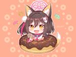  1girl :d animal_ears black_gloves black_sailor_collar blue_archive blush brown_background brown_eyes brown_hair doughnut fang food fox_ears fox_girl fox_hair_ornament fox_shadow_puppet fox_tail gloves hadanugi_dousa halo highres holding holding_food in_food izuna_(blue_archive) kaoling long_sleeves looking_at_viewer minigirl one_side_up outline partially_fingerless_gloves sailor_collar shirt sleeveless sleeveless_shirt smile solo tail translation_request white_outline white_shirt wide_sleeves 
