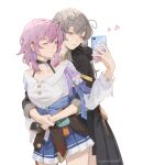  2girls artist_name heart highres holding holding_phone honkai:_star_rail honkai_(series) march_7th_(honkai:_star_rail) multiple_girls nyoomcat one_eye_closed phone purple_hair selfie simple_background stelle_(honkai:_star_rail) trailblazer_(honkai:_star_rail) white_background yuri 