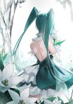  almn_sk aqua_hair back back_focus backless_dress backless_outfit bare_back detached_sleeves dress facing_away flower from_behind hatsune_miku highres lily_(flower) long_hair miku_day shoulder_blades sparkle twintails very_long_hair vocaloid water 