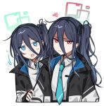  &lt;key&gt;_(blue_archive) 2girls absurdly_long_hair aris_(blue_archive) black_hair blue_archive blue_eyes blue_necktie closed_mouth collared_shirt emne green_halo halo highres jacket long_hair long_sleeves looking_at_viewer multiple_girls necktie one_side_up open_mouth red_eyes red_halo ringed_eyes shirt simple_background upper_body very_long_hair white_background white_shirt 
