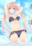  1girl arms_behind_head ass_visible_through_thighs bikini black_bikini blue_sky breasts cloud commentary frilled_bikini frills front-tie_bikini_top front-tie_top highres long_hair looking_at_viewer medium_breasts orange_hair original purple_eyes side-tie_bikini_bottom sky solo standing suzuhira_hiro swimsuit symbol-only_commentary wading water 