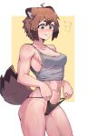  1girl abs absurdres adjusting_clothes adjusting_panties ahoge animal_ears bare_arms bare_shoulders black_panties blush breasts brown_eyes brown_hair closed_mouth cowboy_shot crop_top fang flying_sweatdrops highres looking_down medium_breasts navel no_pants original panties raccoon_ears raccoon_girl raccoon_tail short_eyebrows short_hair sidelocks solo string_panties tail thick_eyebrows thick_thighs thighs toned two-tone_background underwear wavy_mouth wersman white_background yellow_background 