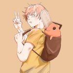  1boy absurdres backpack bag chainsaw_man commentary denji_(chainsaw_man) eyebrows_hidden_by_hair from_behind highres looking_at_viewer male_focus orange_eyes orange_hair pastepiphany pochita_(chainsaw_man) shirt solo t-shirt v yellow_shirt 