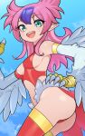  1girl absurdres animal_hands ass breasts claws duel_monster feathers green_eyes hand_on_own_hip harpie_cielo harpy highres long_hair looking_at_viewer medium_breasts monster_girl multicolored_hair open_mouth pink_feathers pink_hair pointy_ears purple_hair red_thighhighs ryuusui_arumo solo teeth thighhighs two-tone_hair upper_teeth_only white_feathers white_wings winged_arms wings yu-gi-oh! yu-gi-oh!_rush_duel 