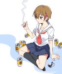  1girl brown_eyes brown_hair can character_request cigarette fuji_fujino full_body highres holding holding_cigarette lighter pleated_skirt school_uniform serafuku short_hair simple_background skirt smoking solo white_background 