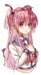  1girl :t ahoge angel_beats! black_choker black_ribbon blue_sailor_collar blush_stickers choker closed_mouth commentary_request eyelashes eyes_visible_through_hair hair_between_eyes hair_ribbon highres light_blush long_hair long_sleeves looking_at_viewer navel own_hands_together pink_eyes pink_hair pout ribbon sailor_collar shinda_sekai_sensen_uniform shirt sidelocks simple_background solo straight_hair twitter_username two_side_up upper_body very_long_hair white_background white_shirt yui_(angel_beats!) zuzuhashi 