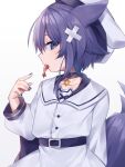  1girl animal_ears asano_yoru asano_yoru_(artist) belt black_choker blue_eyes choker dress food food_in_mouth fox_ears fox_girl fox_tail hat hexagram highres indie_virtual_youtuber long_sleeves looking_at_viewer purple_hair short_hair shrimp tail virtual_youtuber white_dress 