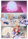  6+girls ahoge animal_ears black_hair blue_eyes breasts chasing closed_eyes commentary_request copano_rickey_(umamusume) crystal_ball double_bun eishin_flash_(umamusume) grey_hair hair_bun hiding hishi_miracle_(umamusume) hokko_tarumae_(umamusume) horse_ears horse_girl horse_tail katsuragi_ace_(umamusume) medium_breasts mr._c.b._(umamusume) multiple_girls nabe_puyo open_mouth running school_swimsuit school_uniform smart_falcon_(umamusume) sweat swimsuit tail tracen_school_uniform umamusume water window wonder_acute_(umamusume) 