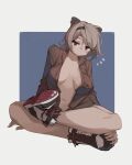  1girl absinthe_(arknights) absurdres animal_ear_fluff animal_ears arknights bear_ears bear_girl black_footwear blue_background border breasts breasts_apart brown_shirt collarbone commentary full_body grey_hair highres indian_style large_breasts light_blush looking_at_viewer navel open_clothes open_shirt outside_border parted_lips red_eyes shirt short_hair sitting solo togekk0 white_border 