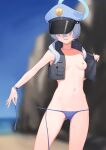  1girl afe. bikini black_vest blue_archive blue_bikini blue_hair blurry blurry_background bracelet breasts collarbone groin hair_over_eyes halo hat jewelry navel nipples no_bra outdoors peaked_cap small_breasts solo stomach swimsuit untied_bikini valkyrie_police_academy_student vest 