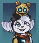  anthro duo ear_piercing eyewear eyewear_on_head fangs female goggles goggles_on_head hi_res kit_(ratchet_and_clank) littlefennecart lombax looking_up_at_another machine mammal mechanical_arm open_mouth open_smile piercing ratchet_and_clank rivet_(ratchet_and_clank) robot scarf sky smile sony_corporation sony_interactive_entertainment star starry_sky teeth tongue 
