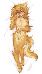  2023 absurd_res altern015 alternate_species anthro blonde_hair blue_eyes breath_of_the_wild canid canine canis claws featureless_crotch fur furrification hair hi_res link male mammal navel nintendo signature simple_background solo the_legend_of_zelda wolf yellow_body yellow_fur 