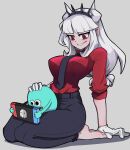  1boy 1girl absurdres barefoot black_pants demon demon_girl demon_horns diloon_(ghost_man) gloves grey_background helltaker highres horns looking_at_another lucifer_(helltaker) nintendo_switch pants red_eyes red_shirt shirt sitting sitting_on_person white_gloves white_hair white_horns 