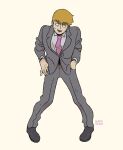  1boy artist_name black_footwear blonde_hair collared_shirt commentary english_commentary full_body gatoiberico grey_jacket grey_pants grey_suit hand_in_pocket highres jacket long_sleeves looking_to_the_side male_focus mob_psycho_100 necktie open_mouth pants purple_necktie reigen_arataka shirt shoes short_hair simple_background smile solo standing suit 