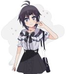  1girl alternate_costume antenna_hair bag black_bag black_hair black_skirt center_frills commentary_request frilled_shirt frills grey_eyes handbag highres idolmaster jewelry kikuchi_makoto looking_at_viewer necklace shirt short_hair skirt smile solo sparkle suyuri_oekaki upper_body white_shirt 