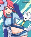  1girl :d bird blue_gloves blue_jacket blue_shorts commentary_request cropped_jacket eyelashes gloves green_background grey_eyes hair_ornament hand_up highres jacket midriff navel one_side_up open_mouth partial_commentary pink_hair pokemon pokemon_(creature) pokemon_(game) pokemon_bw short_hair_with_long_locks short_shorts shorts sidelocks skyla_(pokemon) smile sparkle swanna turtleneck usuba_kagerou_(shougyouchu) 
