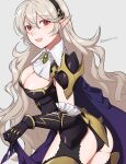  1girl armor ass black_hairband black_panties blush breasts cape cleavage cleavage_cutout clothing_cutout commentary_request corrin_(female)_(fire_emblem) corrin_(fire_emblem) fire_emblem fire_emblem_fates fire_emblem_heroes hair_between_eyes hair_ornament hairband highres large_breasts long_hair looking_at_viewer official_alternate_costume open_mouth panties peach11_01 pointy_ears red_eyes smile solo torn_cape torn_clothes underwear white_hair 