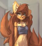  2023 anthro apogee_(tinygaypirate) bottomless bottomless_anthro bottomless_female breasts canid canine canis clothed clothing crop_top digital_media_(artwork) domestic_dog female female_anthro floppy_ears fur hair hi_res kemono long_hair looking_at_viewer mammal off_shoulder piercing portrait shirt small_breasts solo spitz tail tattoo three-quarter_portrait tinygaypirate topwear 