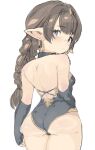  1girl ass back black_gloves black_leotard blue_eyes braid breasts brown_hair closed_mouth earrings elbow_gloves fingerless_gloves from_behind gloves gorirago granblue_fantasy haaselia hairband harvin highres hoop_earrings jewelry leotard long_hair looking_at_viewer looking_back pointy_ears simple_background single_braid small_breasts solo white_background 