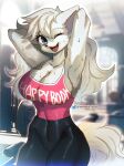  anthro athletic black_clothing black_nose blanca_(nicky_illust) blue_eyes canid canine canis clothing domestic_dog female fluffy fluffy_tail fur gym hair hands_behind_head hi_res mammal nonoka917 open_mouth pink_clothing shirt smile smiling_at_viewer solo tail tank_top text text_on_clothing text_on_topwear topwear white_body white_ears white_fur white_hair 