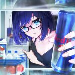 1girl a-chan_(hololive) black_tank_top blue_eyes blurry bob_cut bottle can cherry_tomato chestnut_mouth collarbone commentary_request depth_of_field flat_chest glasses highres holding holding_can hololive purple_hair red_bull refrigerator_interior shara_(syara_so_ju) short_hair tank_top tomato virtual_youtuber water_bottle 