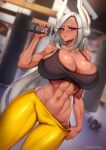  1girl abs absurdres animal_ears artist_name ass_visible_through_thighs bare_arms bare_shoulders black_sports_bra blurry blurry_background blush boku_no_hero_academia bottle breasts cleavage clothes_pull collarbone dark-skinned_female dark_skin dumbbell gym hand_up highres holding holding_bottle huge_breasts indoors kokonattsu long_eyelashes long_hair looking_at_viewer mirko muscular muscular_female navel nike pants pants_pull parted_bangs punching_bag rabbit_ears rabbit_girl red_eyes skindentation solo sports_bra stomach sweat thighs tight_clothes tight_pants very_long_hair water_bottle white_hair yellow_pants yoga_pants 