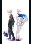  2boys 5_(toriaezu555) back-to-back bakugou_katsuki black_flower black_jacket black_pants black_rose black_shirt blonde_hair blue_flower blue_rose boku_no_hero_academia bouquet brown_footwear brown_shirt buttons closed_mouth collared_shirt commentary_request dress_shirt expressionless flower full_body hair_between_eyes hand_in_pocket holding holding_bouquet jacket long_sleeves male_focus multicolored_hair multiple_boys open_clothes open_jacket pants pillarboxed profile red_eyes red_hair rose shirt shoes short_hair simple_background spiked_hair split-color_hair standing todoroki_shouto two-tone_hair v-shaped_eyebrows white_background white_flower white_hair white_jacket white_pants white_rose wing_collar 