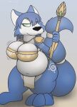  anthro belly big_belly big_breasts blue_body blue_fur blue_hair breasts canid canine clothed clothing digital_media_(artwork) female fox foxball fur hair hi_res huge_breasts krystal looking_at_viewer lying mammal nintendo on_front overweight simple_background smile solo standing star_fox tail thick_thighs white_body white_fur 