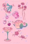  artist_name cherry commentary crystal dated english_commentary flower food fruit glass hair_ornament hairpin highres ice ice_cube leaf no_humans object_focus original pink_background pink_flower pink_theme shadow snowlattes star_(symbol) teapot teaspoon 