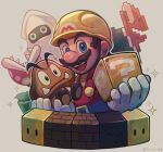  1boy :d ?_block artist_name block_(mario) block_(object) blooper_(mario) blue_eyes brown_hair builder_mario buttons closed_mouth co_co_mg commentary_request facial_hair gloves goomba grey_background hands_up hardhat hat helmet holding koopa_troopa looking_at_viewer mario mario_(series) mustache open_mouth overalls piranha_plant red_overalls rotating_block sharp_teeth shirt short_hair simple_background smile sparkle super_mario_maker teeth tusks twitter_username upper_teeth_only v-shaped_eyebrows white_gloves yellow_headwear yellow_shirt 