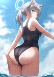  1girl animal_ear_fluff animal_ears ass ass_grab awnw black_one-piece_swimsuit blue_archive blue_eyes blue_sky blush breasts cloud competition_swimsuit day ear_piercing extra_ears from_behind from_below grabbing_own_ass grey_hair halo highleg highleg_swimsuit highres long_hair looking_at_viewer looking_back ocean official_alternate_costume one-piece_swimsuit outdoors parted_lips piercing ponytail shiroko_(blue_archive) shiroko_(swimsuit)_(blue_archive) sky solo swimsuit two-tone_swimsuit wading wet wolf_ears 