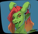  anthro digital_media_(artwork) dragon ear_piercing female green_body hair hi_res horn looking_at_viewer makumba piercing pink_hair portrait scalie short_hair simple_background solo tongue tongue_out 