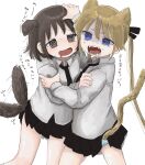  2girls @_@ afterimage animal_ears black_necktie black_ribbon black_skirt blonde_hair blue_eyes blue_panties blush brown_eyes brown_hair cat_ears cat_girl cat_tail clothes_lift collared_shirt commentary_request cowboy_shot dog_ears dog_girl drooling fangs furrowed_brow hair_ribbon hand_on_another&#039;s_head highres holding_another&#039;s_arm kemonomimi_mode kill_me_baby lifted_by_tail long_hair looking_at_another miniskirt mouth_drool multiple_girls necktie nervous nervous_sweating nose_blush open_mouth oribe_yasuna panties pleated_skirt pushing_away ribbon shaded_face shirt short_eyebrows short_hair simple_background skirt skirt_lift smile sonya_(kill_me_baby) striped striped_panties struggling sweat tail tail_raised tail_wagging translation_request turn_pale twintails underwear white_background white_shirt yasashii_naizou 