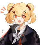  1girl :d animal_ears arknights artist_name bear_ears bear_girl black_dress black_jacket blonde_hair candy candy_hair_ornament candy_wrapper collared_dress commentary_request dress eyelashes food food-themed_hair_ornament gummy_(arknights) hair_bun hair_ornament hairclip happy highres itonatsu jacket lapels light_blush lollipop looking_at_viewer notched_lapels notice_lines open_mouth orange_eyes sailor_collar sailor_dress shadow short_hair signature simple_background single_hair_bun smile solo standing swirl_lollipop upper_body white_background white_sailor_collar 