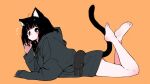  1girl absurdres ahoge animal_ear_fluff animal_ears arm_support bare_legs barefoot black_cat black_eyes black_hair blunt_bangs blush blush_stickers cat cat_ears cat_girl cat_tail crossed_legs feet from_side full_body grey_hoodie hand_in_own_hair highres hood hoodie legs looking_at_viewer lying megateru no_pants nose_blush notice_lines on_stomach orange_background original oversized_clothes parted_lips soles solo tail tareme the_pose thighs 