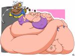  2018 3_toes 4:3 4_fingers 5_fingers antennae_(anatomy) anthro arthropod barefoot batspid2 bee belly big_belly big_breasts big_nipples black_eyes blue_clothing bottomwear breasts brown_clothing brown_hair cel_shading claws clothed_anthro clothed_female clothing crop_top cutoffs denim denim_clothing dessert digital_drawing_(artwork) digital_media_(artwork) dirty double_chin doughnut duo eating english_text eye_contact eyebrow_through_hair eyebrows feeding feet female fingers flabby_arms flora_(batspid2) flying food frill_(anatomy) front_view hair head_crest head_frill holding_object huge_belly huge_breasts huge_nipples huge_thighs hymenopteran hyper hyper_belly hyper_breasts hyper_hips hyper_thighs insect insect_wings juna_(batspid2) lizard looking_at_another membrane_(anatomy) membranous_frill midriff morbidly_obese morbidly_obese_anthro morbidly_obese_female motion_lines multicolored_body multicolored_skin navel neck_tuft nipple_outline nipples obese obese_anthro obese_female open_mouth overweight overweight_anthro overweight_female pink_body pink_eyes pink_scales purple_clothing reptile scales scalie shaded shirt short_hair shorts signature simple_background size_difference smile soles stinger sweater tail text thick_thighs three-quarter_view toe_claws toes topwear torn_clothing translucent translucent_hair tuft two_tone_body two_tone_skin wardrobe_malfunction weight_gain white_claws wings yellow_body yellow_skin 