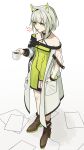  1girl absurdres animal_ear_fluff animal_ears arknights bare_shoulders brown_footwear coffee commentary_request cup dress full_body green_dress green_eyes grey_hair hand_in_pocket highres holding holding_cup jacket kal&#039;tsit_(arknights) long_sleeves looking_away off-shoulder_jacket off_shoulder puffy_long_sleeves puffy_sleeves see-through see-through_sleeves shoes shoujo_l simple_background solo standing tongue tongue_out white_background white_jacket 