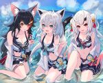  absurdres ahoge animal_ear_fluff animal_ears bell between_legs bikini bikini_skirt black_hair blurry blurry_background blush braid breasts candy cleavage cloud cloudy_sky commentary_request double_bun earrings food fox_ears fox_girl fox_shadow_puppet fox_tail gradient_hair green_eyes hair_bell hair_between_eyes hair_bun hair_ornament hairclip hand_between_legs highres holding holding_candy holding_food holding_lollipop hololive hololive_summer_2023_swimsuit horns jewelry knee_up lollipop long_hair looking_at_viewer medium_breasts multicolored_hair nakiri_ayame ocean oni_horns ookami_mio open_mouth pentagram red_eyes red_hair seiza shirakami_fubuki sidelocks single_braid sitting sky small_breasts soma443 streaked_hair swimsuit tail tail_around_own_leg thigh_strap tongue tongue_out virtual_youtuber wading white_hair wolf_ears wolf_girl wolf_tail yellow_eyes yokozuwari 
