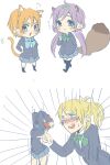  4girls :3 ahoge animal_ears ayase_eli black_socks black_thighhighs blazer blonde_hair blue_bow blue_bowtie blue_eyes blue_jacket blue_skirt blush bow bowtie cat_ears cat_girl cat_tail chibi closed_mouth collared_shirt commentary_request cowboy_shot fang finger_gun green_bow green_bowtie green_eyes hair_ornament hair_scrunchie hands_on_own_head hands_on_own_hips highres hoshizora_rin index_finger_raised jacket kashikaze kemonomimi_mode kneehighs leaf leaf_on_head long_hair long_sleeves looking_at_viewer love_live! love_live!_school_idol_project low_twintails multiple_girls nishikino_maki open_mouth orange_hair otonokizaka_school_uniform pleated_skirt pointing ponytail purple_hair raccoon_ears raccoon_girl raccoon_tail red_hair school_uniform scrunchie shirt short_hair simple_background skirt socks sweatdrop tail teeth thighhighs toujou_nozomi twintails upper_teeth_only white_background white_shirt yellow_eyes zettai_ryouiki 