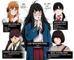  5girls asian bags_under_eyes blunt_bangs brown_coat brown_hair chainsaw_man character_profile coat english_text extraordinary_attorney_woo francisco_mon fusion glass higashiyama_kobeni messy_hair mitaka_asa multiple_girls necktie original persona persona_5 red_skirt round_eyewear sakura_futaba shirt skirt smile suit thinking twintails white_shirt woo_young-woo 