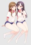  2girls arm_support black_eyes black_hair blue_buruma blunt_bangs blush breasts brown_eyes brown_hair buruma closed_mouth collarbone full_body grey_background gym_shirt hand_up highres idolmaster idolmaster_cinderella_girls idolmaster_cinderella_girls_starlight_stage invisible_chair kobayakawa_sae konase_(non_stop!) long_hair looking_at_viewer medium_breasts mizumoto_yukari multiple_girls open_mouth shirt short_sleeves shy simple_background sitting socks white_shirt white_socks 