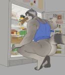  anthro appliance beverage bottomless butt clothed clothing crouching egg_(food) food fridge fur green_eyes grey_body grey_fur hi_res kitchen_appliance kolvackh looking_back male mammal muscular muscular_male orange_juice pickle_(food) pizza_box procyonid raccoon sandwich_in_mouth shirt shirt_only solo solo_focus tank_top topwear topwear_only 