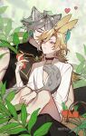  2boys alhaitham_(genshin_impact) animal_ears aqua_hair blonde_hair brown_hair carrot closed_eyes genshin_impact grey_hair heart highres kaveh_(genshin_impact) kiss kissing_cheek leaf leopard_boy leopard_ears leopard_tail medium_hair multicolored_hair multiple_boys one_eye_closed rabbit_ears red_eyes retayanmo short_hair tail white_background yaoi 