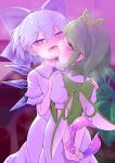  2girls blue_bow blue_eyes blue_hair blush bow cirno daiyousei dress fairy_wings french_kiss green_eyes green_hair hair_bow hair_ribbon highres holding ice ice_wings kiss looking_at_viewer multiple_girls open_mouth puffy_sleeves ribbon shirt short_hair short_sleeves side_ponytail smile touhou wings yassy yuri 