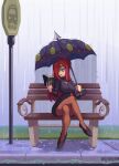  1girl bench black_dress black_footwear book breasts bus_stop bus_stop_sign cross crossed_legs dress english_commentary g3no hair_over_one_eye highres holding holding_book holding_umbrella inverted_cross large_breasts long_hair open_book pantyhose parasoul_(skullgirls) rain red_hair sidewalk sitting skullgirls solo turtleneck umbrella yellow_eyes 