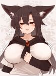  1girl animal_ears breasts brown_hair collarbone flying_sweatdrops imaizumi_kagerou kaginoni large_breasts long_hair looking_at_viewer red_eyes solo sweat touhou upper_body wolf_ears wolf_girl 
