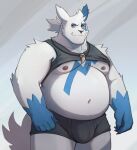  2023 absurd_res anthro belly big_belly black_nose blue_body bulge clothed clothing generation_3_pokemon hi_res humanoid_hands male moobs nintendo nipples overweight overweight_male pokemon pokemon_(species) raised_clothing raised_shirt raised_topwear shirt solo topwear underwear white_body zangoose zcdartz 