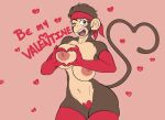  accessory anthro bandanna clothing female gesture gloves hand_heart handwear haplorhine headband hearts_around_body holidays kareca kerchief legwear mammal monkare_(kareca) monkey navel one_eye_closed open_mouth primate solo tail tail_gesture tail_heart thigh_highs valentine&#039;s_day 